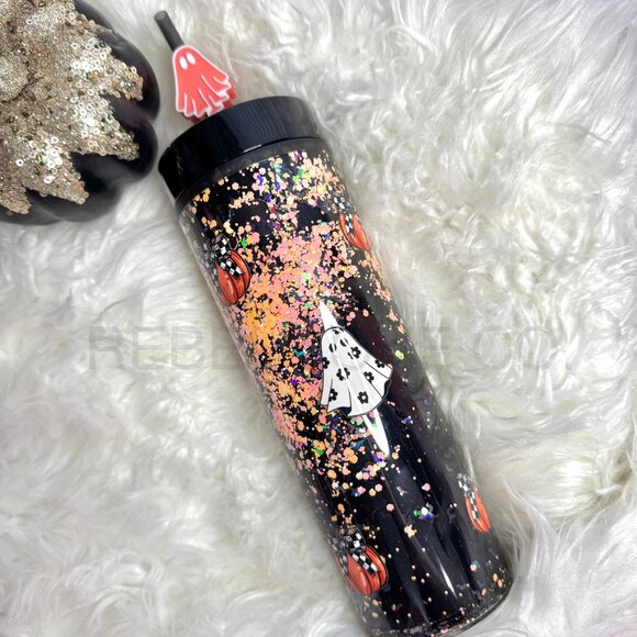 Halloween Fall Ghost Cute Pumpkin Snow Globe Tumbler With Straw Topper NEW - Picture 1 of 2